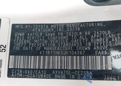 2018 Toyota Camry L/Le/Xle/Se/Xse z USA, uszkodzony, nr VIN 4T1B11HK0JU104267
